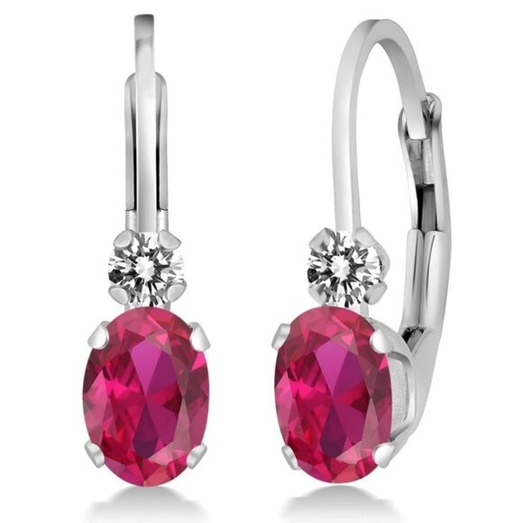 18K White Gold with 1.07 Cttw Ruby and White Diamond Leverback Drop Earrings